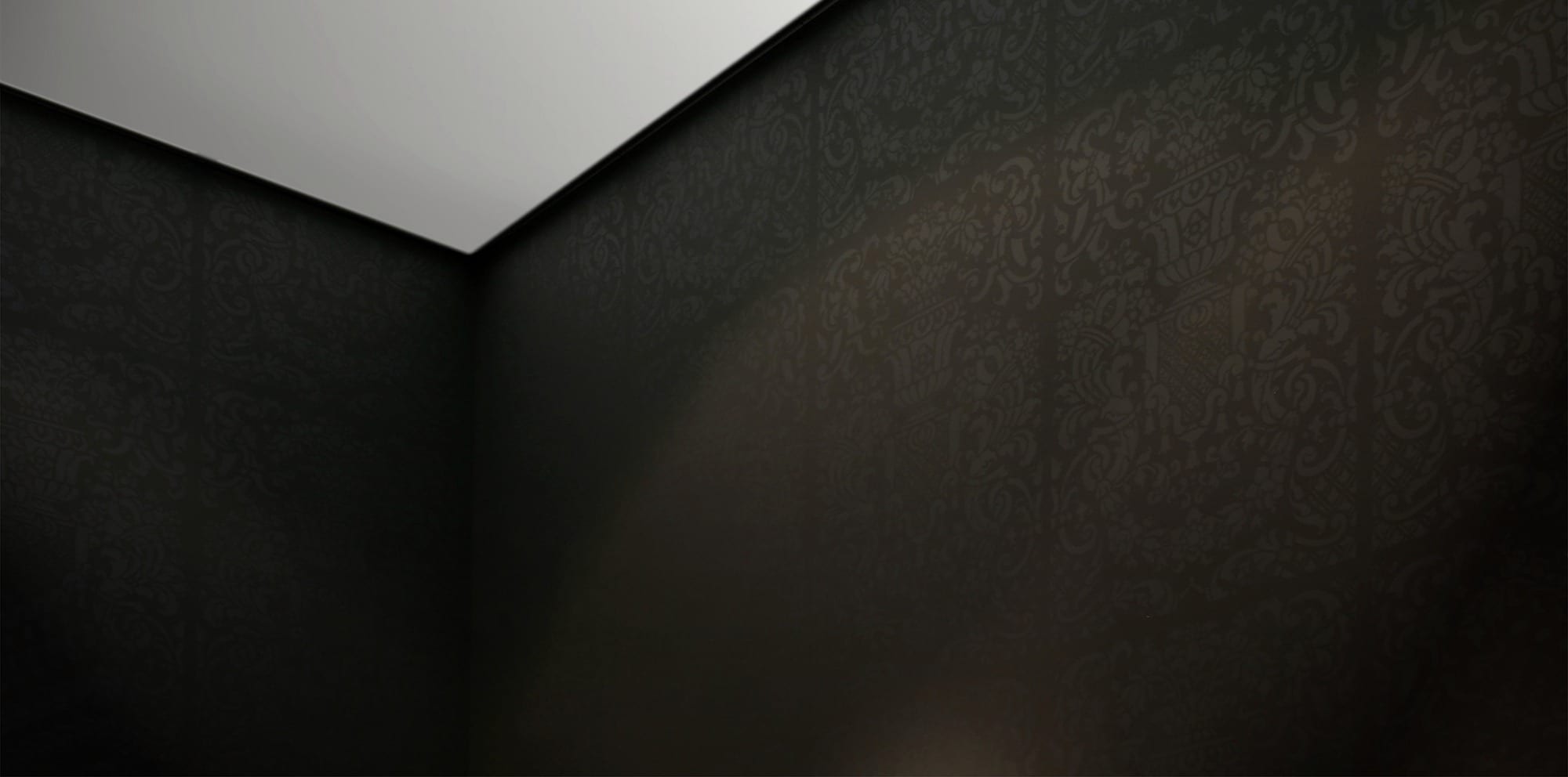 Dunkle Wand mit ornamentaler Schablonenmalerei, darüber eine helle Decke